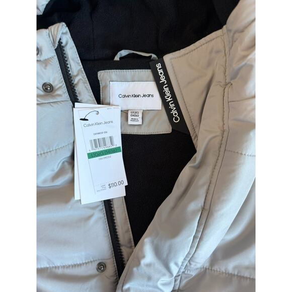 NWT Calvin Klein Jean Gray Puffer Zip Hoodie fleece lined Jacket large L-14/16 - Picture 4 of 12